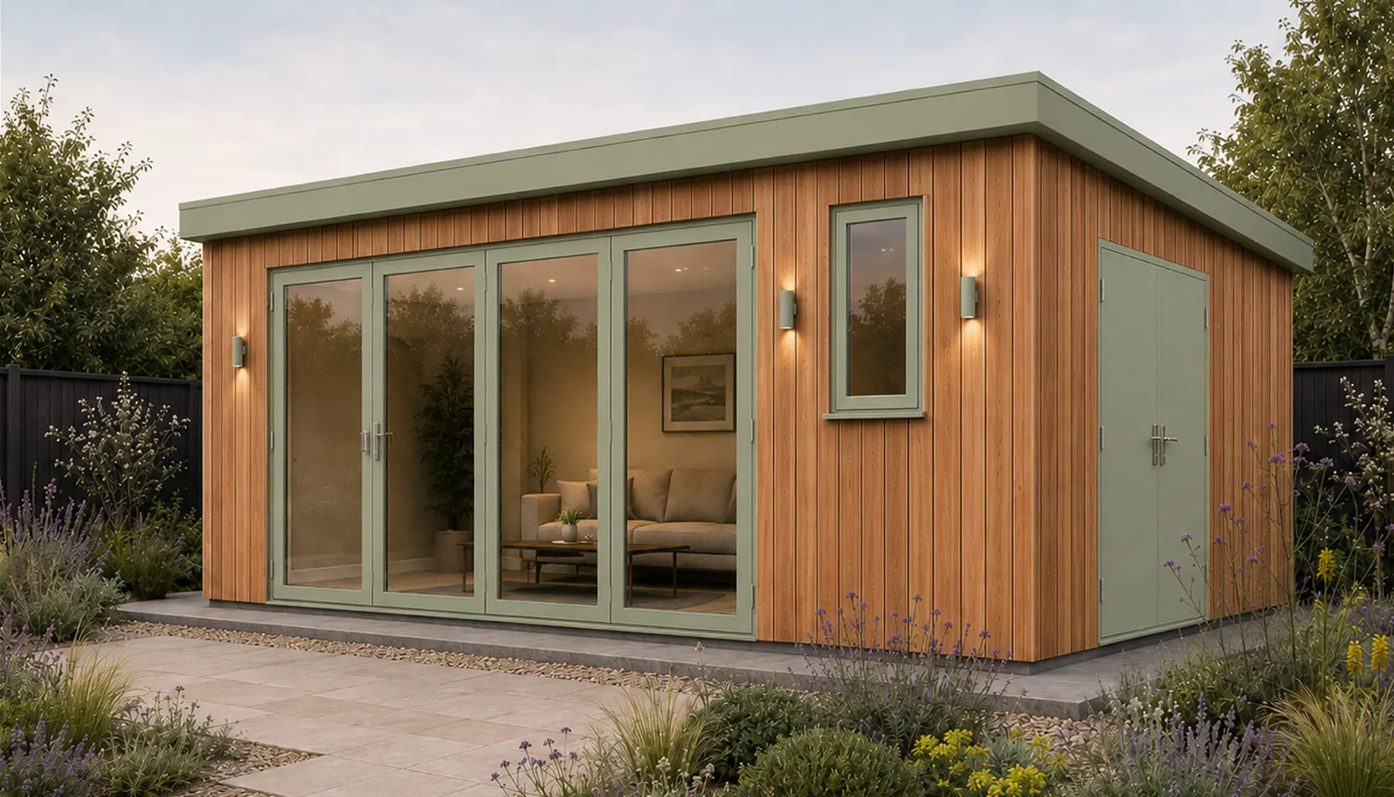 Rendered perspective of a compact cedar-clad garden studio with muted green joinery